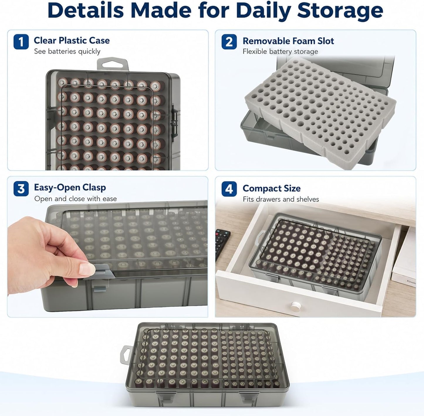 Xuerdon Battery Organizer Case with BT168 Tester 120+ Batteries Storage Box | Clear Plastic Battery Box Holds 49AA 51AAA 10CR2032 10CR1632 Batteries, Wall Mount Drawer Organizer Batteries not Included