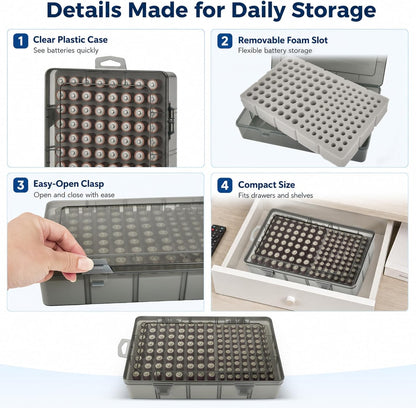 Xuerdon Battery Organizer Case with BT168 Tester 120+ Batteries Storage Box | Clear Plastic Battery Box Holds 49AA 51AAA 10CR2032 10CR1632 Batteries, Wall Mount Drawer Organizer Batteries not Included