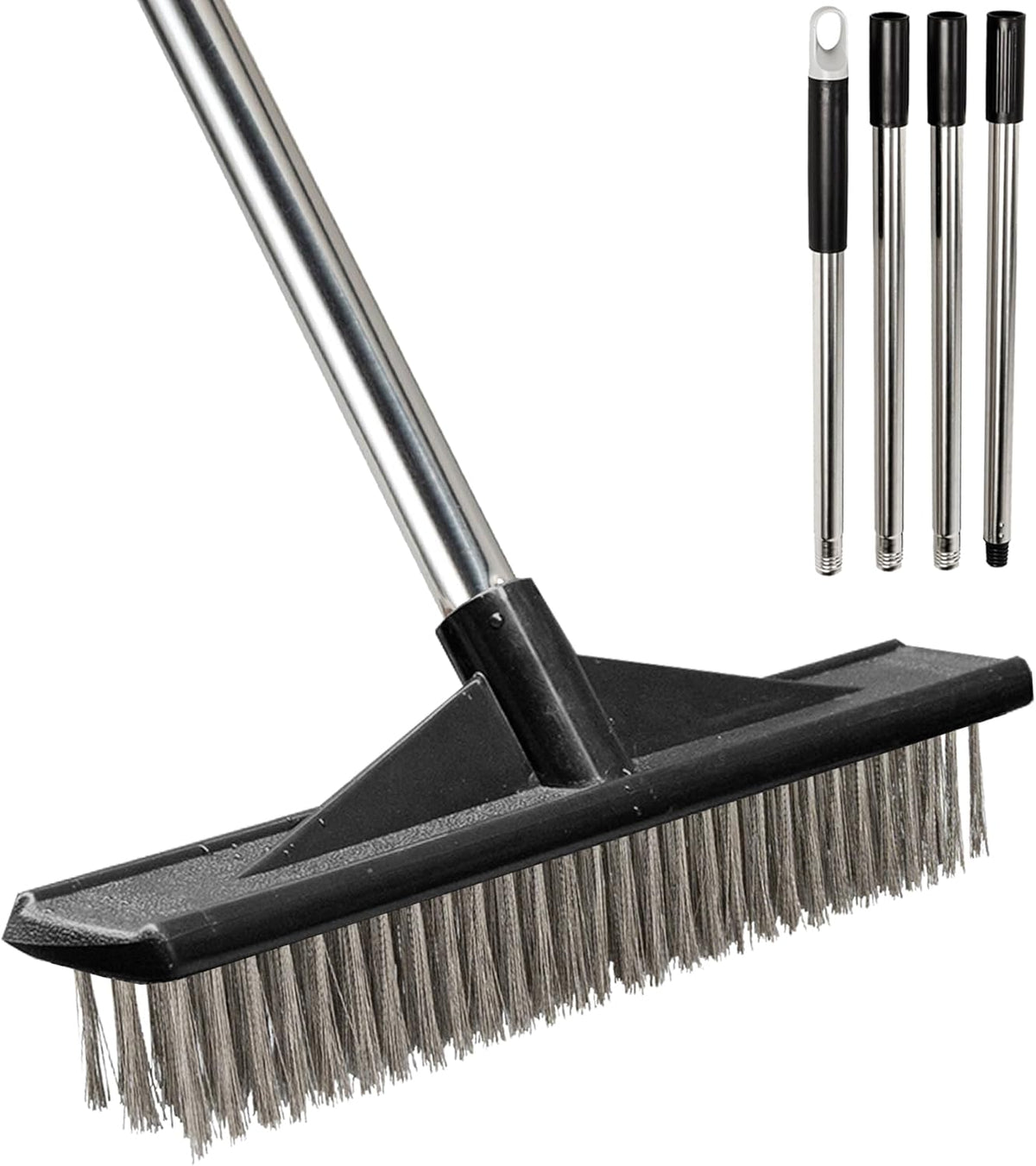 Heavy Duty Floor Scrub Brush Stainless Steel Wire Floor Scrubber with Long Handle Stiff Bristles Outdoor Push Broom for Cleaning Deck,Concrete,Patio,Boat,Moss Removal