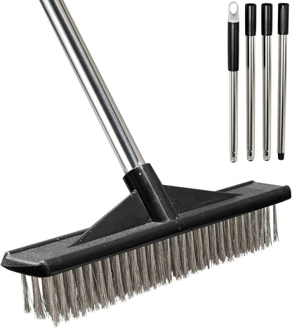 Heavy Duty Floor Scrub Brush Stainless Steel Wire Floor Scrubber with Long Handle Stiff Bristles Outdoor Push Broom for Cleaning Deck,Concrete,Patio,Boat,Moss Removal