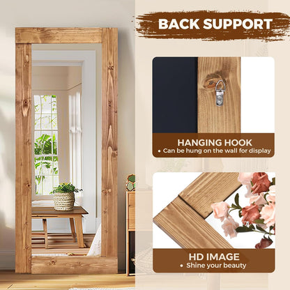 Solid Wood Full Length Mirror - 65"x22" Arched Floor Mirror, Free Standing & Wall Mounted - Elegant Design for Bedroom, Dressing Room, Hallway, Brown