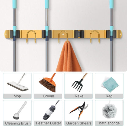 Broom Holder Wall Mount, Stainless Steel Mop Hanger with 4 Slots 6 Hooks, Tool Storage Wall Organizer for Kitchen Garden Garage Laundry Room Bathroom and RV, Black 1-Pack