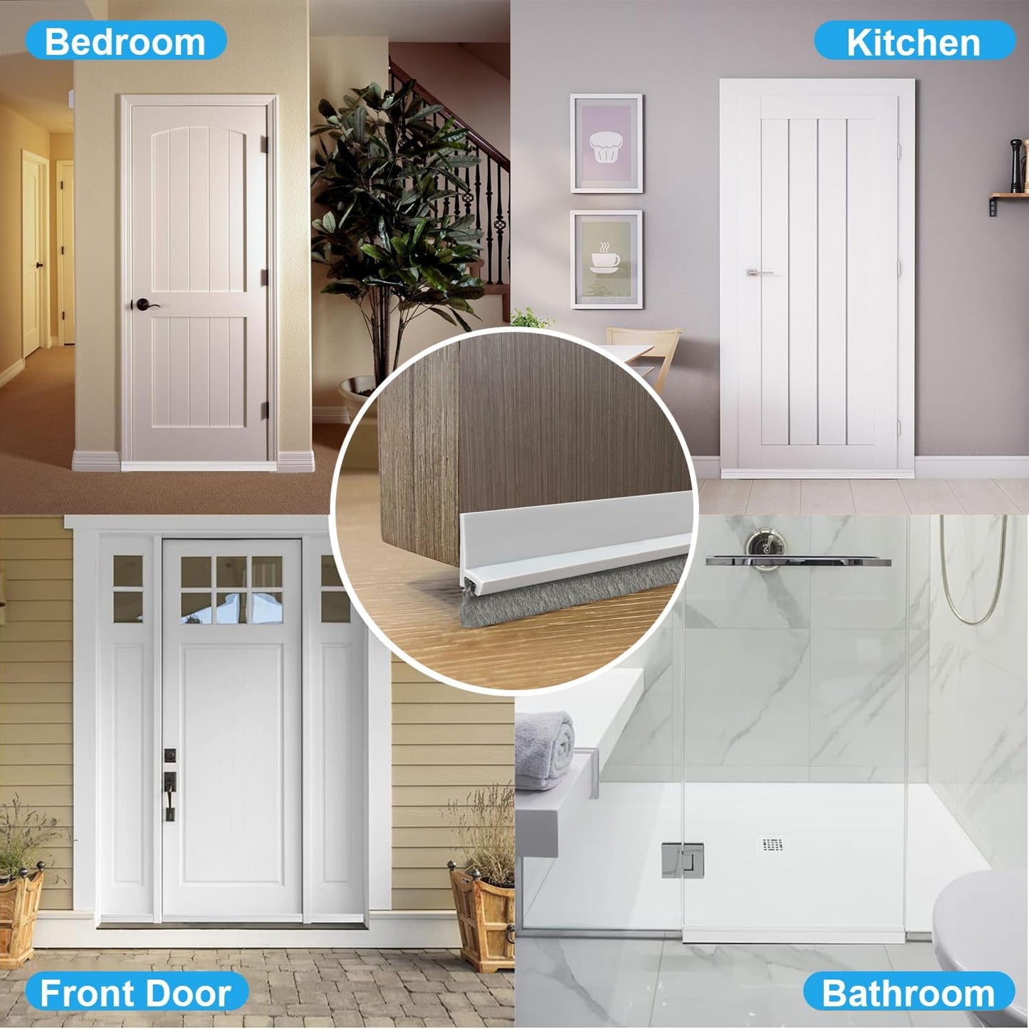 2-Pack Door Draft Stoppers with Brush, Door Sweep for Exterior/Interior Doors - Soundproof, Dust/Noise/Hot or Cold Air Insulation, 2" W x 39" L (White)