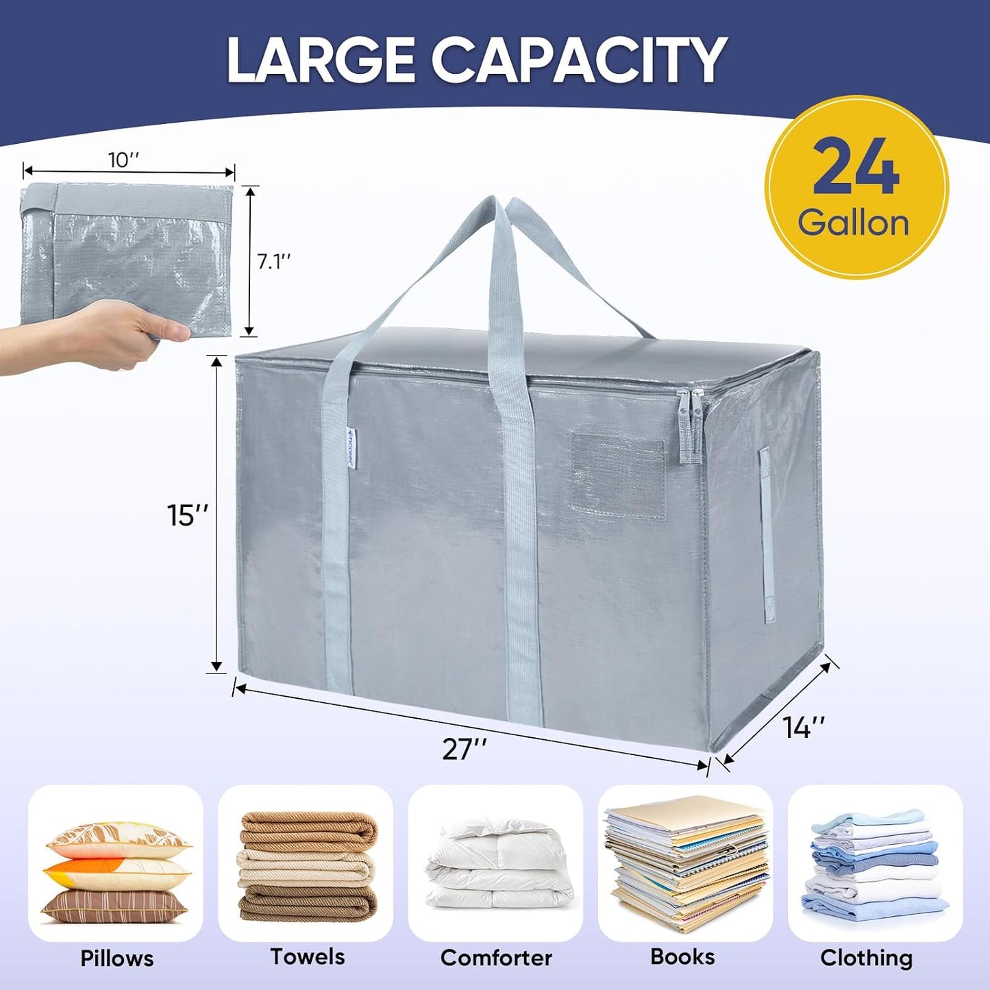TICONN 4 Pack Extra Large Moving Bags Heavy Duty with Zippers & Carrying Handles, Durable Storage Bags Moving Boxes for Closet Organizers and Storage (4 Pack, Blue)
