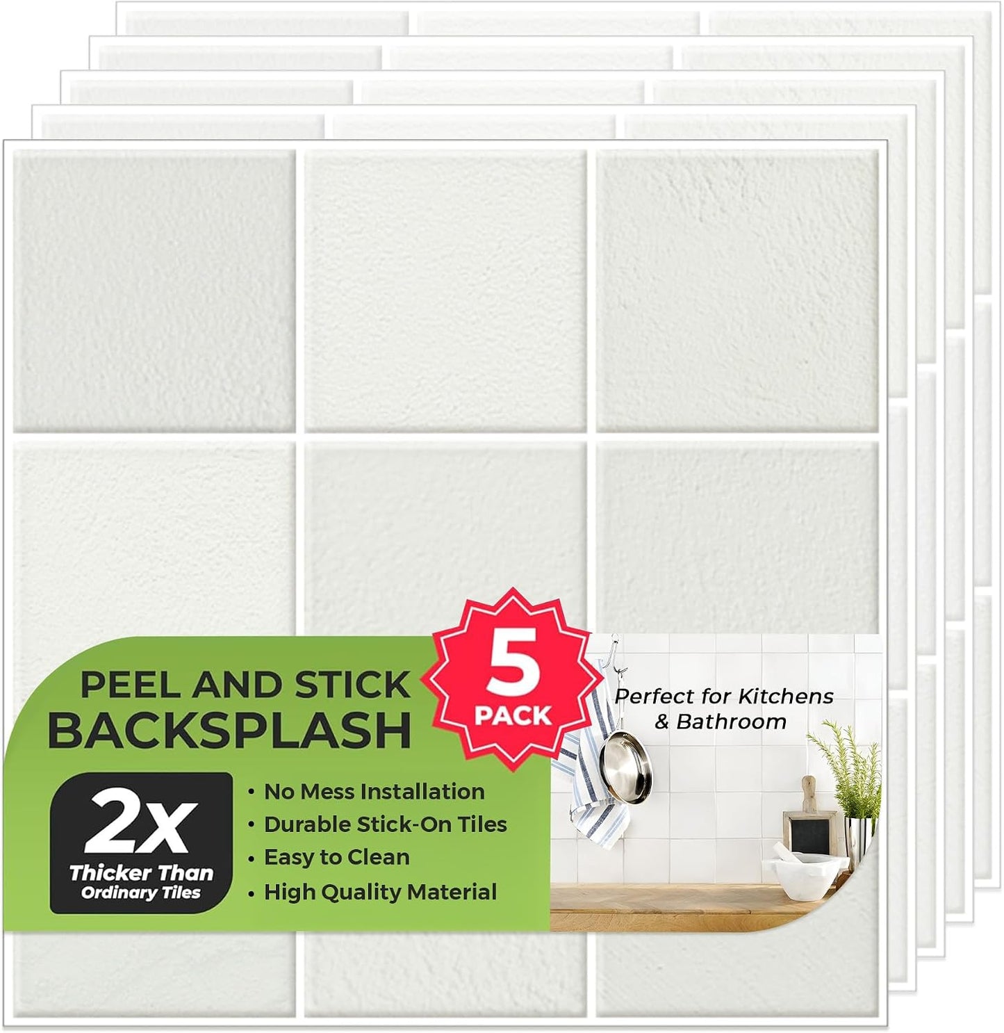 Peel and Stick Subway Backsplash Tiles, 5 Pack, 12 x 12 in, Almond | extra thick 3D wall panels, heat and water resistant wall panels, easy DIY kitchen, bathroom, laundry, fireplace wall décor