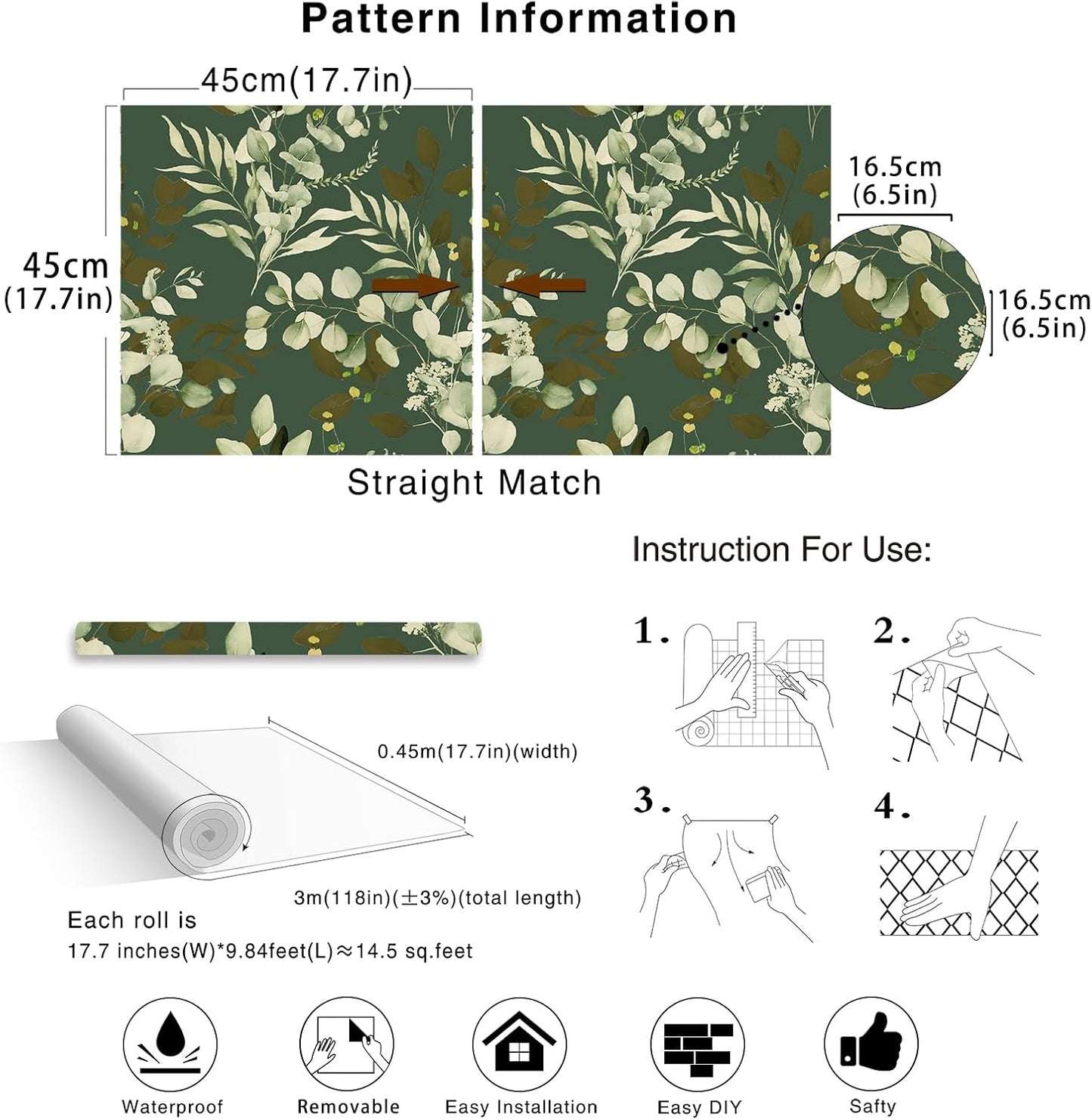 HAOKHOME Peel and Stick Wallpaper Boho Green/White Botanical Leaf Floral Wall Mural Home Nursery Decor Renter Friendly Wallpaper 17.3in x 9.8ft