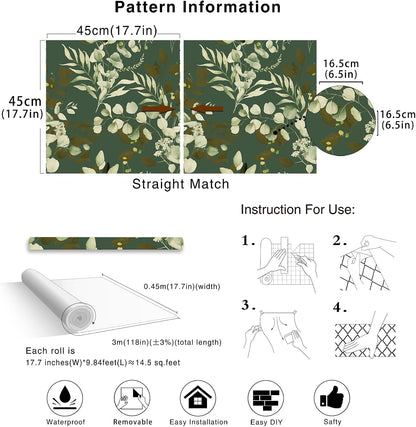HAOKHOME Peel and Stick Wallpaper Boho Green/White Botanical Leaf Floral Wall Mural Home Nursery Decor Renter Friendly Wallpaper 17.3in x 9.8ft