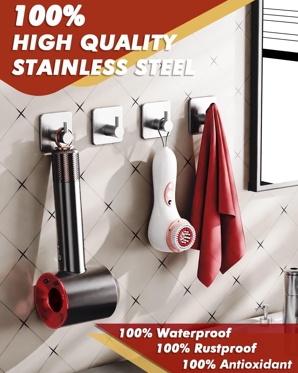 Adhesive Hooks Heavy Duty 30lb(Max) Wall Hooks, 4 Pack Damage Free Stainless Steel Hanger for Hanging Coat, Hat, Towel Robe, Waterproof Oilproof Rustproof Hook for Bathroom Shower Kitchen Office
