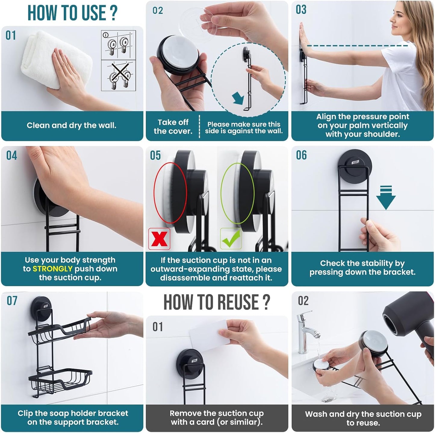 TAILI Soap Holder for Shower – Suction Cup Bar Soap Dish with Hooks, Rustproof Stainless Steel, Self-Draining Sponge Holder with Razor Holder for Bathroom & Kitchen, Black