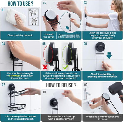 TAILI Soap Holder for Shower – Suction Cup Bar Soap Dish with Hooks, Rustproof Stainless Steel, Self-Draining Sponge Holder with Razor Holder for Bathroom & Kitchen, Black