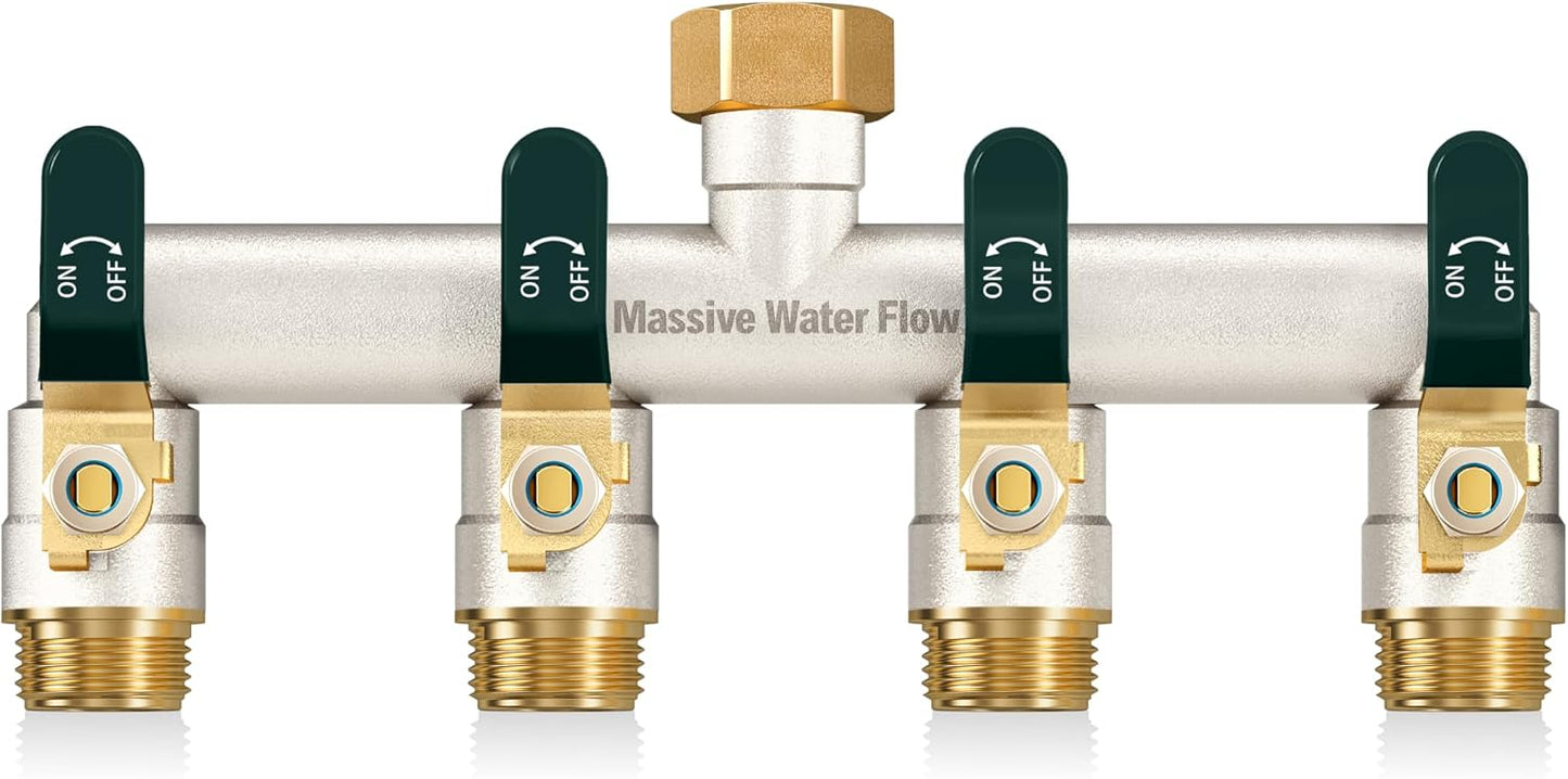 4 Way Hose Splitter, Heavy Duty Full Flow Garden Water Hose Bib Spigot Splitter, Brass Rust and Freeze Resistant Outdoor Faucet Splitter, T Adapter Connector with 3/4 - Inch GHT Thread （Black）