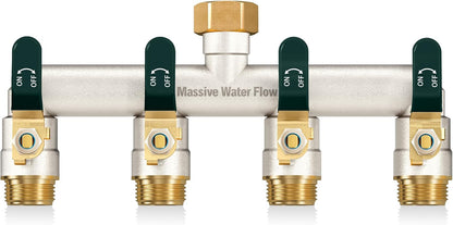 4 Way Hose Splitter, Heavy Duty Full Flow Garden Water Hose Bib Spigot Splitter, Brass Rust and Freeze Resistant Outdoor Faucet Splitter, T Adapter Connector with 3/4 - Inch GHT Thread （Black）