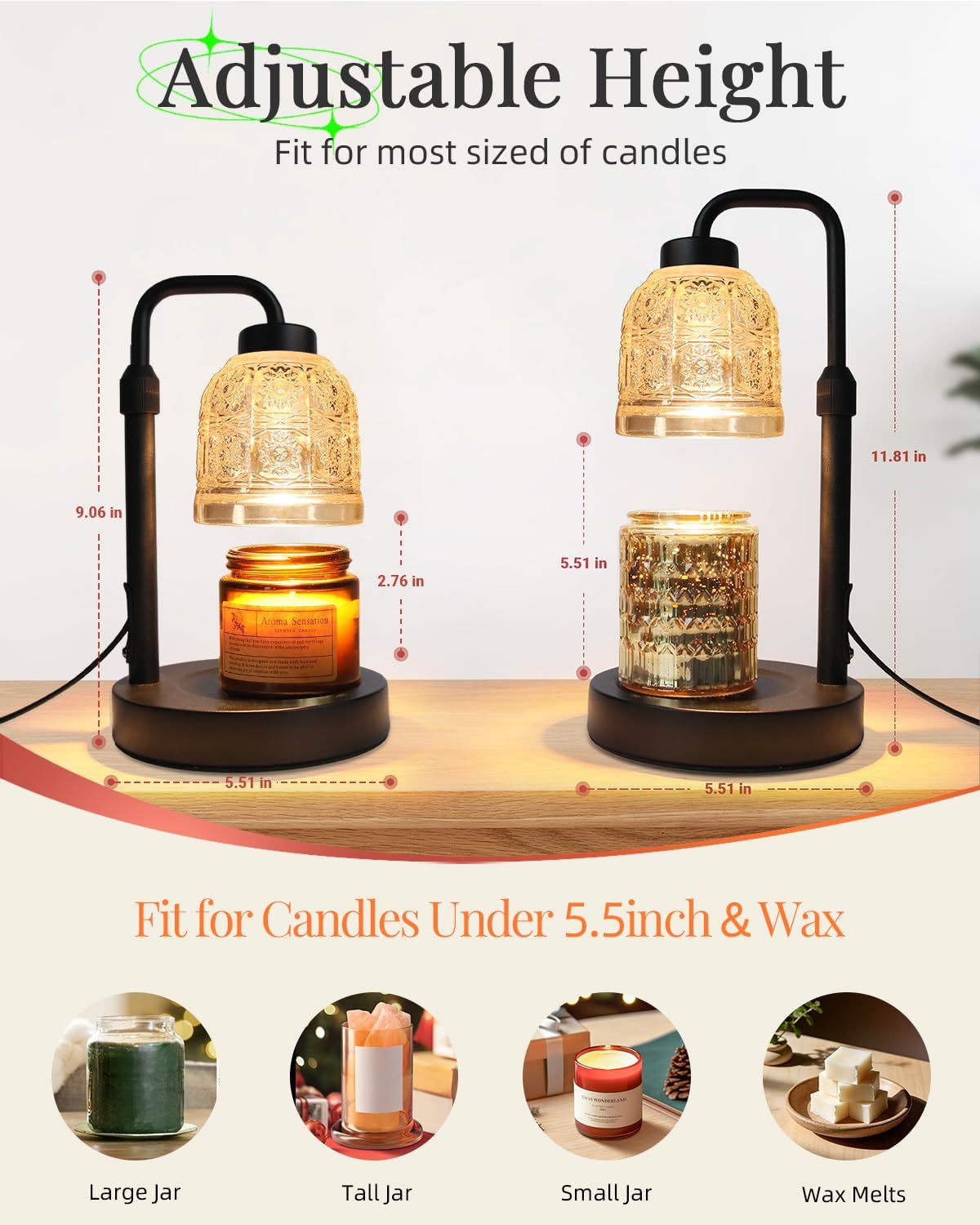 AIFEI Candle Warmer Lamp with Timer, Dimmable Adjustable Height Candle Lamp, Birthday Gifts for Women Mom Sister Friends, House Warming Gifts New Home, Candle Lamp Warmer with 2 Bulbs - CoalBlack