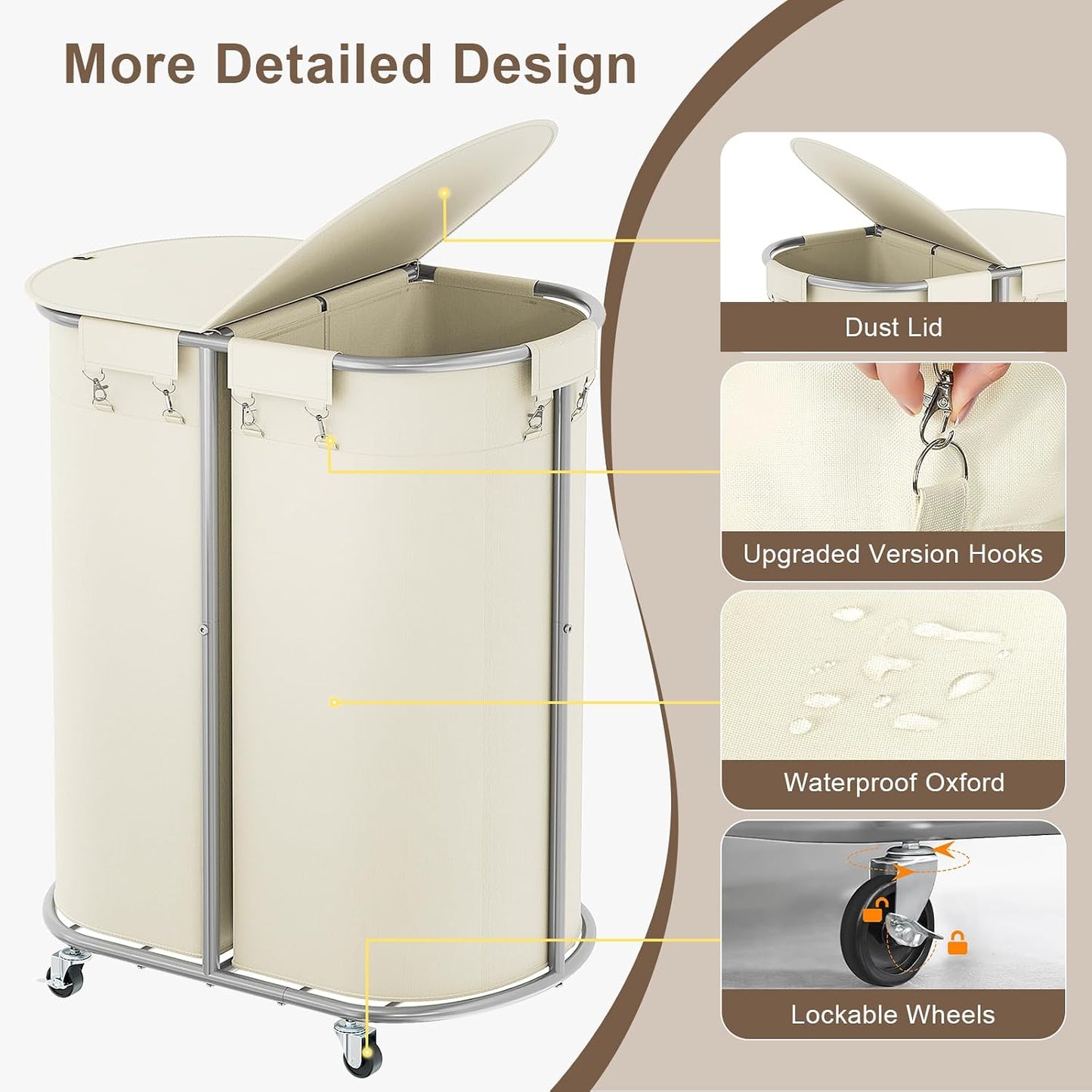 200L Double Laundry Hamper with Lid and Wheels, Large Oval Rolling Laundry Basket 2 section, Sturdy Metal Laundry Cart with 2 Removable Bags, Dirty Clothes Organizer for Home, Dorm, Black