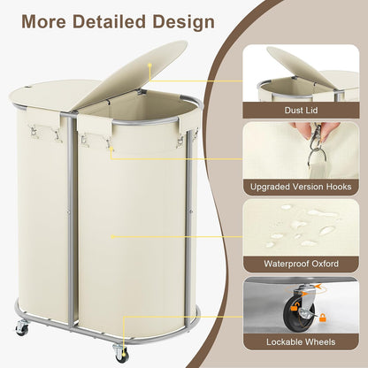 200L Double Laundry Hamper with Lid and Wheels, Large Oval Rolling Laundry Basket 2 section, Sturdy Metal Laundry Cart with 2 Removable Bags, Dirty Clothes Organizer for Home, Dorm, Black