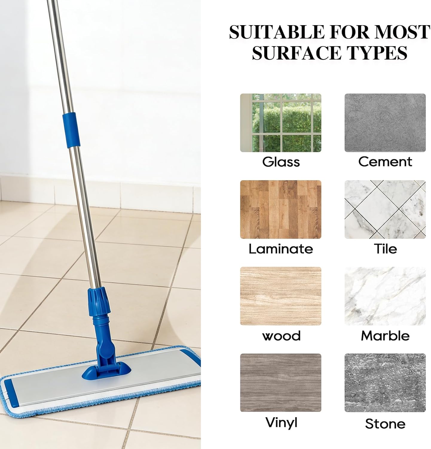 17.5'' Microfiber Mop for Floor Cleaning-Blue Flat Floor Mop with 58'' Stainless Steel Handle- 4 Reusable Washable Replacement Pads-Wet & Dry Use for Hardwood Tile Laminate-Home Kitchen Bathroom