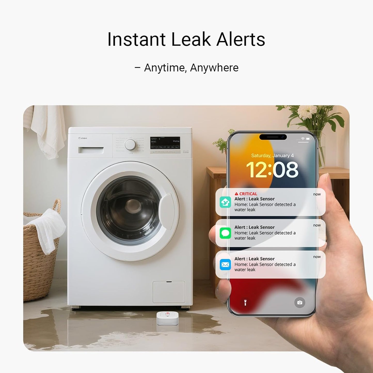 YoLink Water Leak Detector 4 with 105dB Audio Alarm, Freeze Warning, App Push, Email Alerts and Limited Text - Smart Water Sensor Alarm w/ Alexa, IFTTT - 1/4 Mile Long Range, Hub Required
