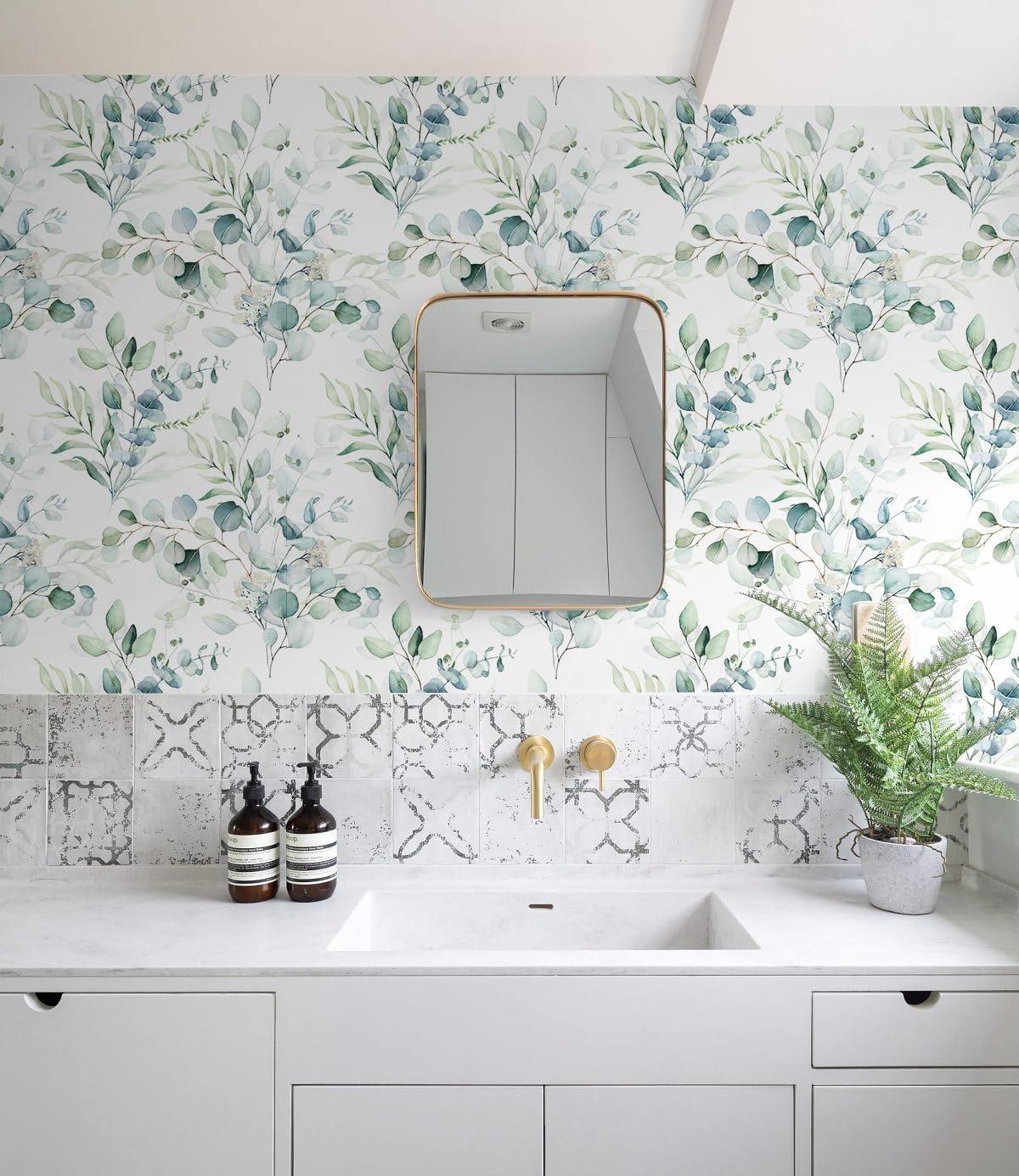 HAOKHOME Peel and Stick Wallpaper Boho Green/White Botanical Leaf Floral Wall Mural Home Nursery Decor Renter Friendly Wallpaper 17.3in x 9.8ft
