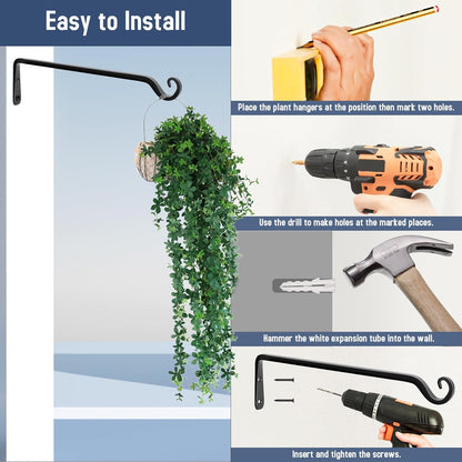 FEED GARDEN Heavy Duty Plant Hangers Outdoor Indoor, 8 Inch 2 Pack Metal Hanging Bracket Holds Up to 44 lbs, Wall Brackets for Hanging Baskets, Bird Feeders,Wind Chime& Lanterns, Black
