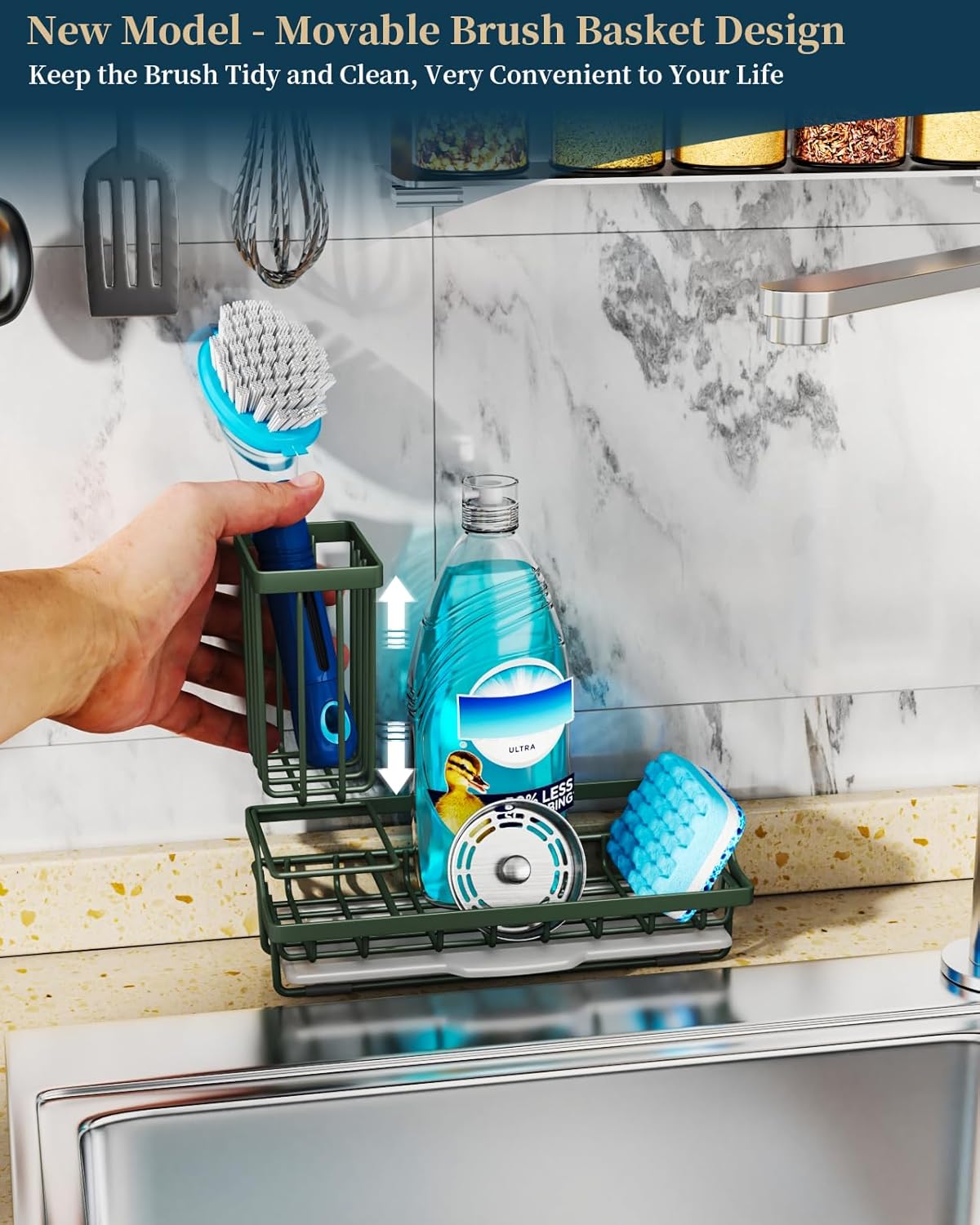 Consumest Sponge Holder for Kitchen Sink - Kitchen Sink Caddy Organizer with Removable Drip Tray for Countertop Dish Soap Dispenser Brush Storage Accessories 304 Stainless Steel - Black