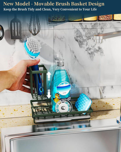 Consumest Sponge Holder for Kitchen Sink - Kitchen Sink Caddy Organizer with Removable Drip Tray for Countertop Dish Soap Dispenser Brush Storage Accessories 304 Stainless Steel - Black