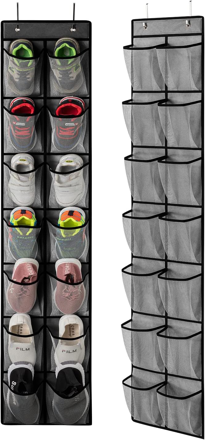 KEEPJOY Over the Door Shoe Organizer, Hanging Shoe Organizer with 4 Hooks, Shoe Holder with 14 Mesh Pockets Closet Door Shoe Storage Bag (White-2Pack)