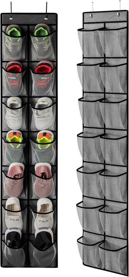 KEEPJOY Over the Door Shoe Organizer, Hanging Shoe Organizer with 4 Hooks, Shoe Holder with 14 Mesh Pockets Closet Door Shoe Storage Bag (White-2Pack)
