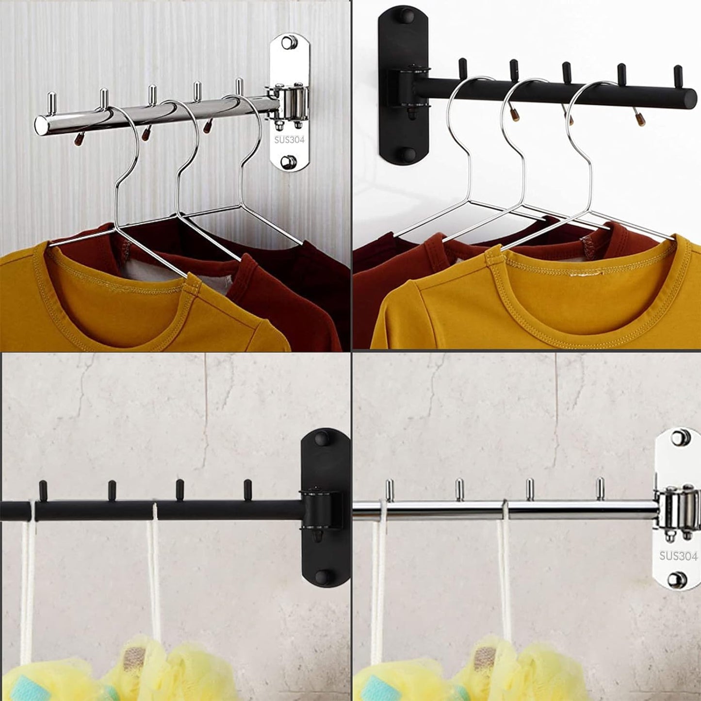 Folding Wall Mounted Clothes Hanger Rack with Swing Arm Stainless Steel Heavy Duty Coat Hook for Bathroom, Bedroom, Laundry Room- White