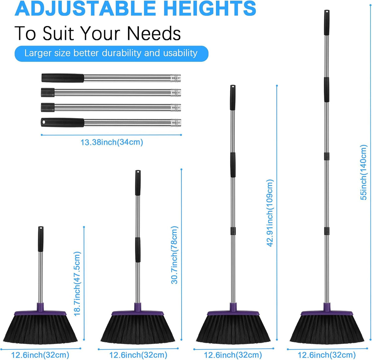 Heavy Duty Angle Broom, 55-Inch Long Handle Extra Wide 12.6 Inch Head, Stainless Steel Tube & PP Bristles for Pet Hair and Dust, Floor Safe - Black