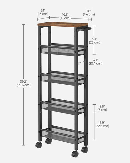 VASAGLE Slim Rolling Cart, 4-Tier Narrow Storage Cart with Handle, 5.1 Inches Deep, Metal Frame, for Kitchen, Dining Room, Living Room, Home Office, Rustic Brown and Classic Black ULRC032B01V1