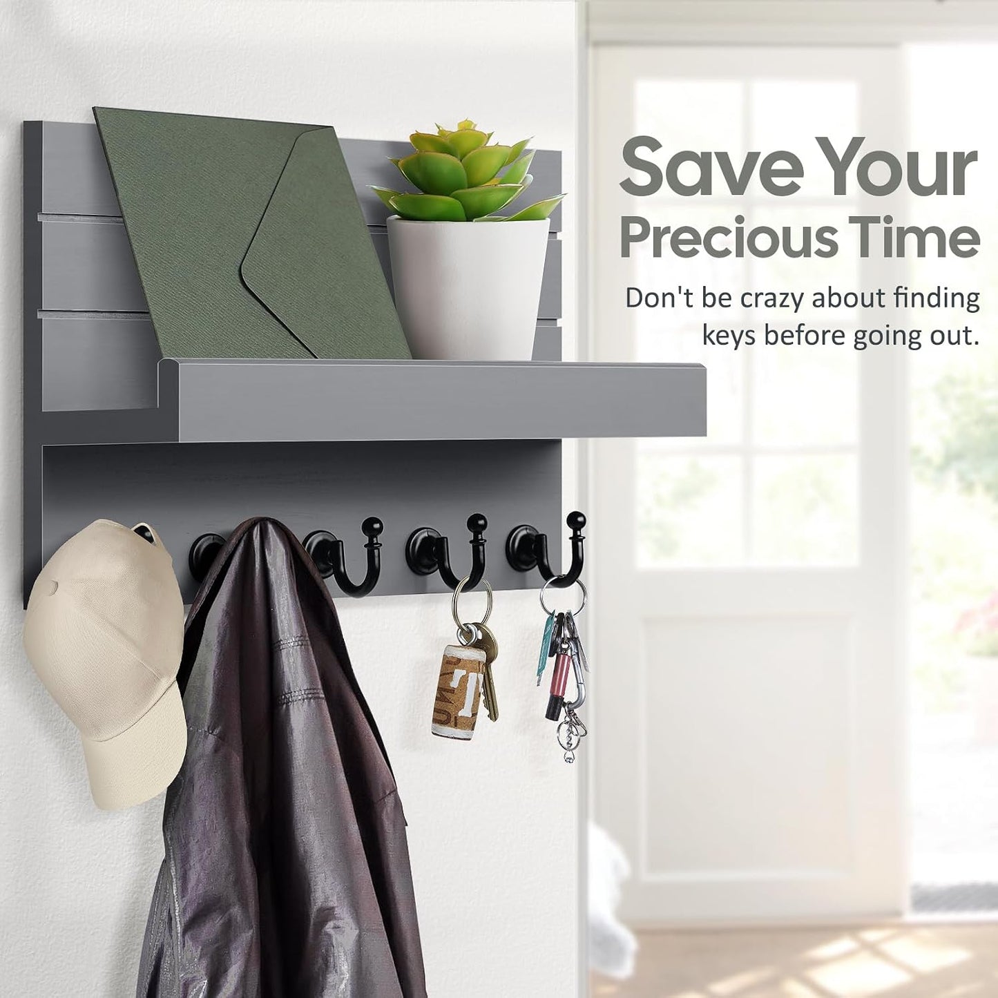 HONJIN Key Holder for Wall: Easy Installation Mail Organizer Wall Mount Hanging Key Rack for Kitchen and Entryway Decor with 5 Sturdy Key Hooks (White)