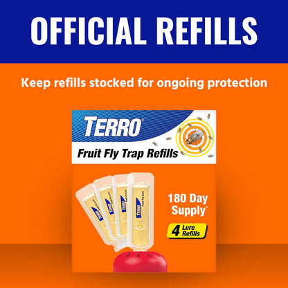 TERRO Fruit Fly Trap 4-Pack, 180 Day Lure Supply, Food-Based Lure | Apple-Shaped Design for Kitchen Counters, Fruit Bowls, Trash Cans, Food-Based Lure, Indoor Pest Control, Fruit Fly Killer
