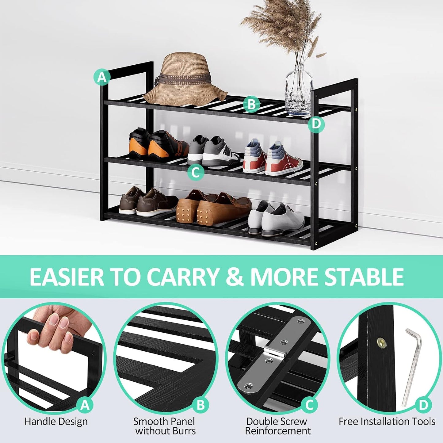 Jripae 5 Tier 32.5*10.5*30.3in Bamboo Shoe Rack for Closet Entryway Bedroom | Stackable Shoe Shelf Holder for Men/Women Hallway/Garage, Bookshelf, Flower Rack, Home Space Saving