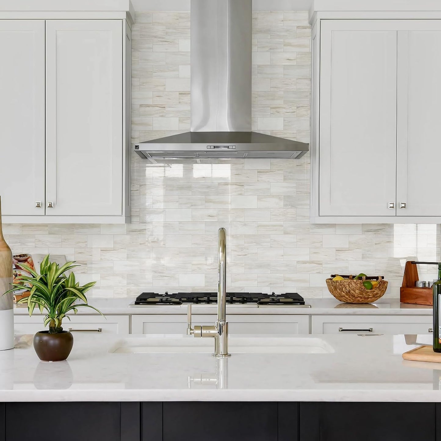 Vamos Tile 100-Piece Glossy Dolomite White Peel and Stick Backsplash Tile,3''x6'' PVC Subway Tile with White Grout, Stick on Backsplash for Kitchen/Bathroom/Fireplace