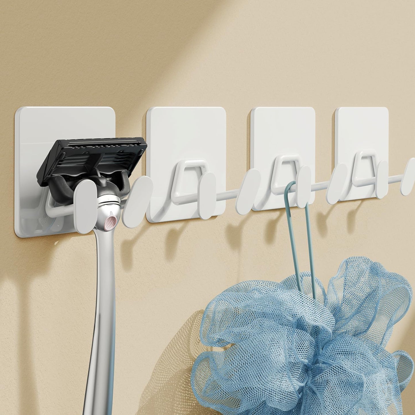susswiff Shower Hooks for Inside Shower - Extra Sticky Stainless, Razor Holder Accessories, Wall Mounted Self-Adhesive Double Hooks for Razor, Loofah, Towel, Shaver, Coat, Key, Silver 6 Pack