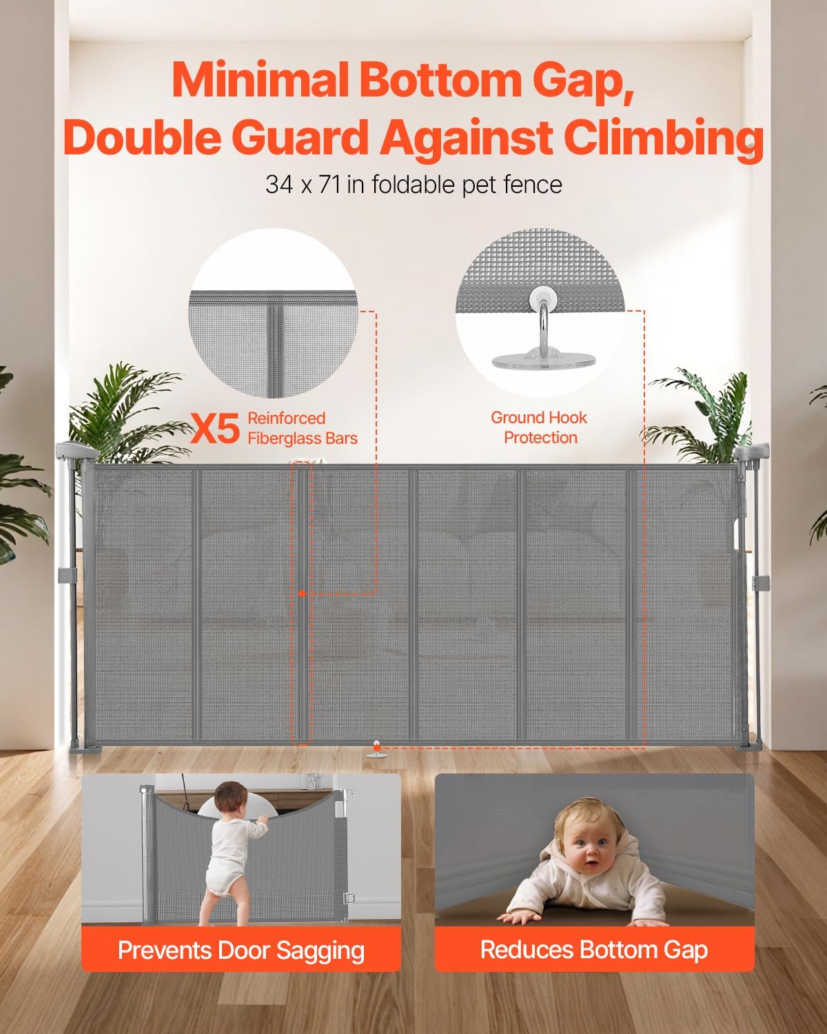VEVOR Retractable Baby Gate, 34 inch Tall, Extends up to 71 inch Wide, Retractable Gate for Kids or Pets, Mesh Material, Easy to Install for Indoor Stairs, Doorways, Hallways, Playrooms, Gray