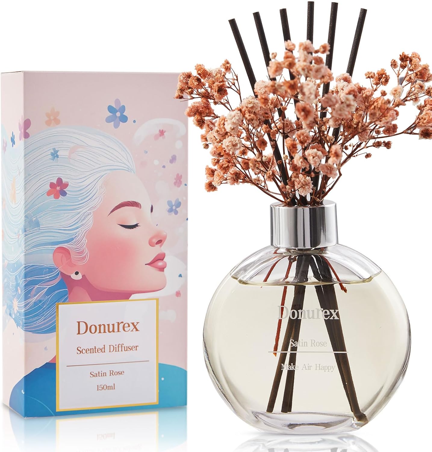 Flower Reed Diffuser Set 5.07oz Satin Rose Scent Diffuser with Sticks Home Fragrance Reed Diffuser for Bathroom Shelf Decor
