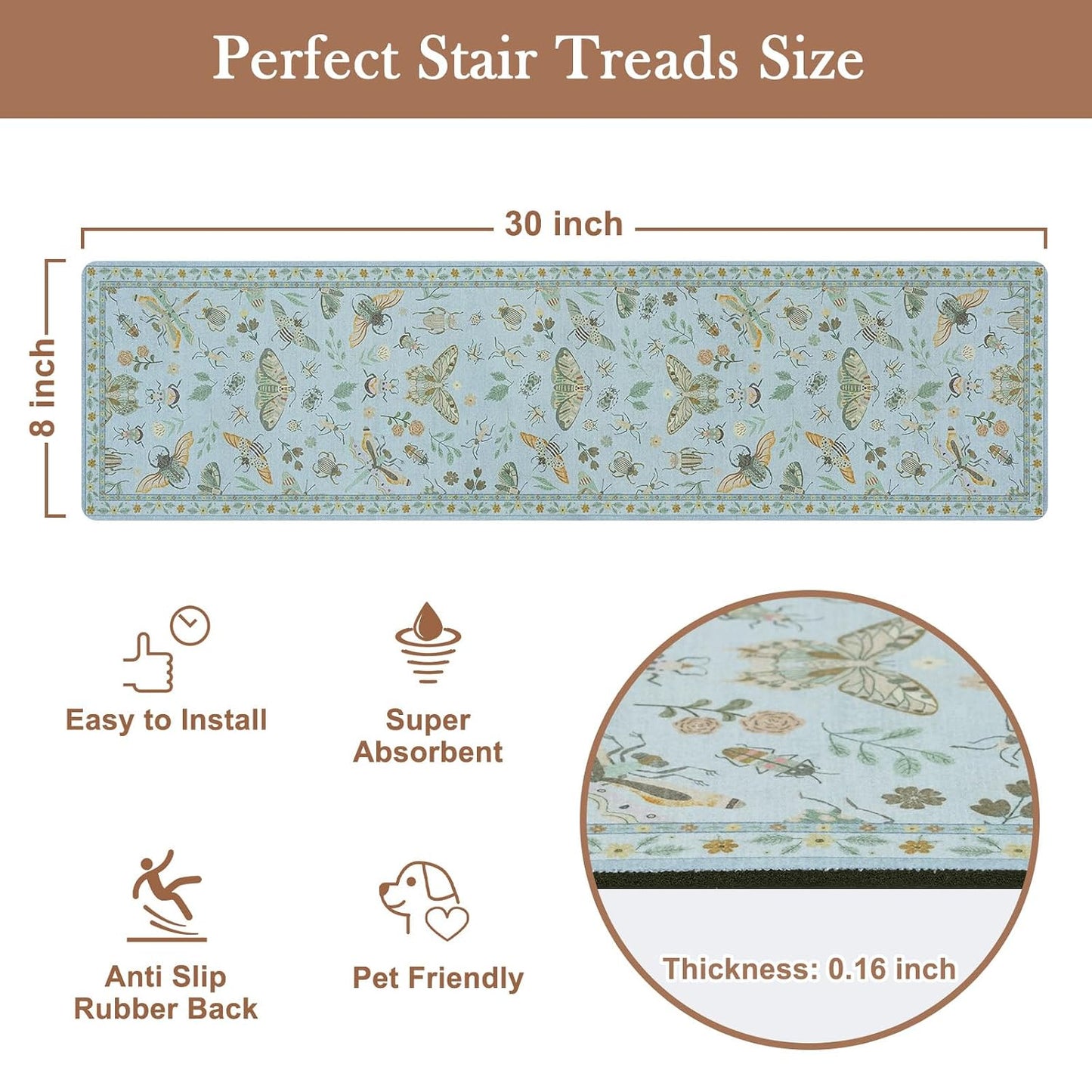 OJIA Insect Print Stair Treads Non Slip Stair Runners for Wooden Steps Indoor, 15PCS 8"x30" Rubber Backing Carpet Treads for Wood Stairs Staircase Step Treads for Kids & Dogs, Stair Covers, Black