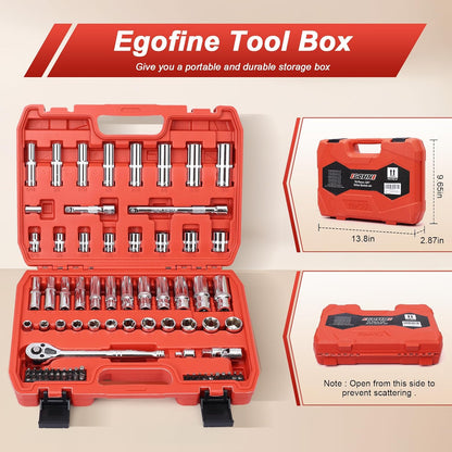 Egofine 46 Pieces 1/4 inch Drive Socket Ratchet Wrench Set, with Bit Socket Set Metric and Extension Bar for Auto Repairing and Household, with Storage Case