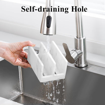 Luxspire Kitchen Sponge Holder, Dish Sponge Holder with with Drain Tray, Marble Sponge Holder for Kitchen Sink, Kitchen Sink Caddy 2 Compartments, Gravel White