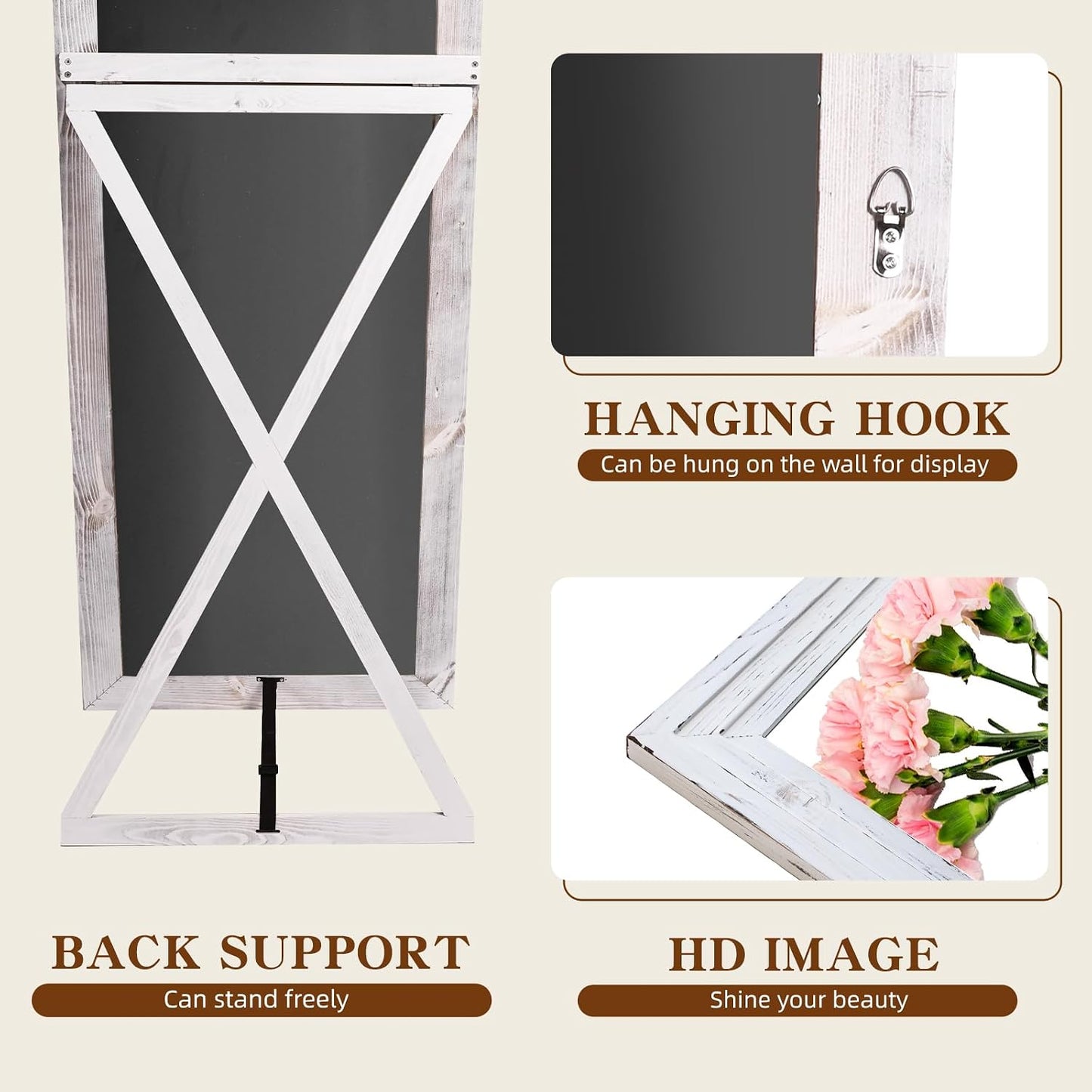 Full Length Mirror 65"x22" with Stand Solid Wood Frame Floor Large Mirror for Living Room, Bedroom Hanging Standing or Leaning Wall-Mounted, New Black