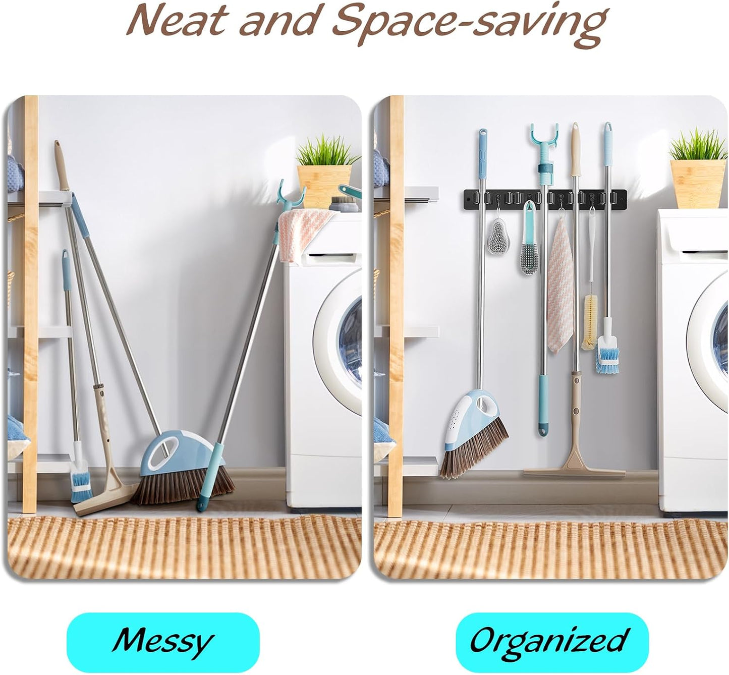 OUTNILI Mop and Broom Holder Wall Mount - Wood Broom Mop Hanger - Wall Mounted Garden Tool Rack Organizer for Closet Garage Laundry Room for Rustic Kitchen Decor With 5 Slots & 4 Hooks