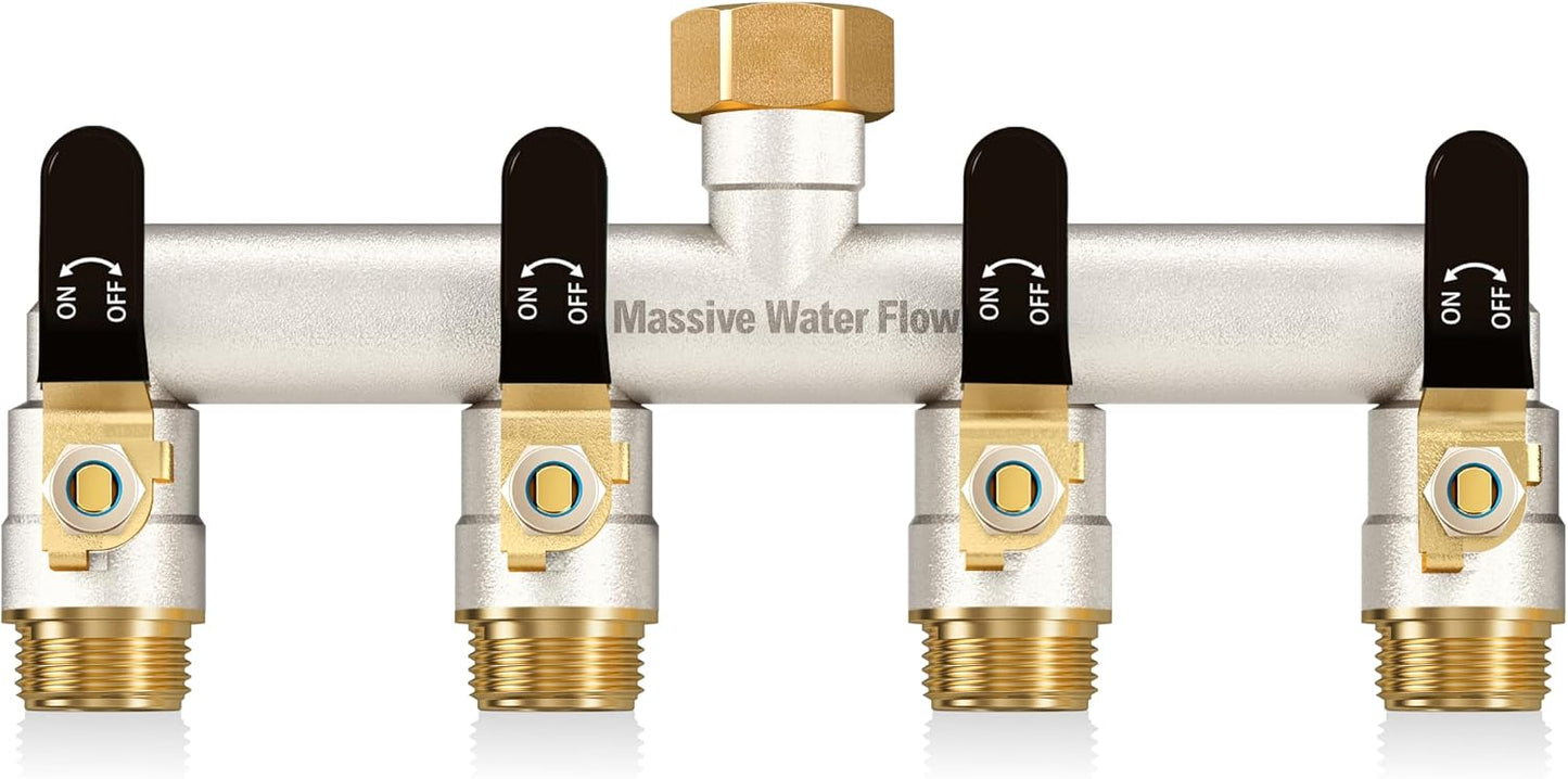 4 Way Hose Splitter, Heavy Duty Full Flow Garden Water Hose Bib Spigot Splitter, Brass Rust and Freeze Resistant Outdoor Faucet Splitter, T Adapter Connector with 3/4 - Inch GHT Thread （Black）