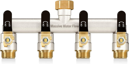 4 Way Hose Splitter, Heavy Duty Full Flow Garden Water Hose Bib Spigot Splitter, Brass Rust and Freeze Resistant Outdoor Faucet Splitter, T Adapter Connector with 3/4 - Inch GHT Thread （Black）