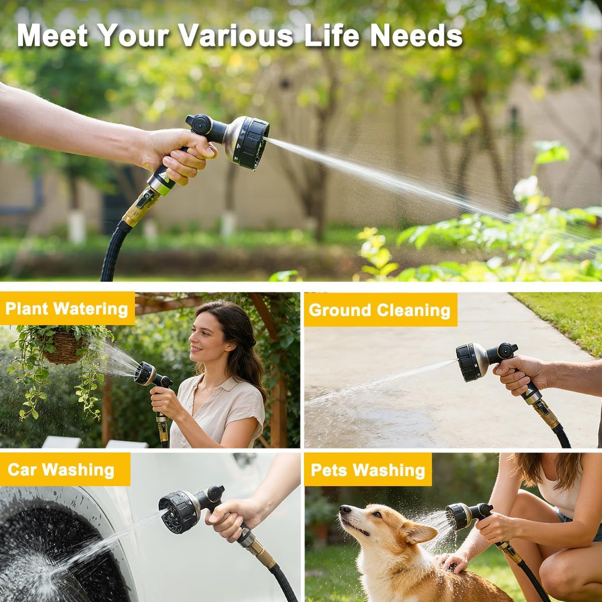 FANHAO Heavy Duty Garden Hose Nozzle, Metal Water Hose Sprayer with 10 Spray Patterns, Thumb Control, On Off Valve, High Pressure Water Nozzle for Plants Watering, Car and Pet Washing, Blue