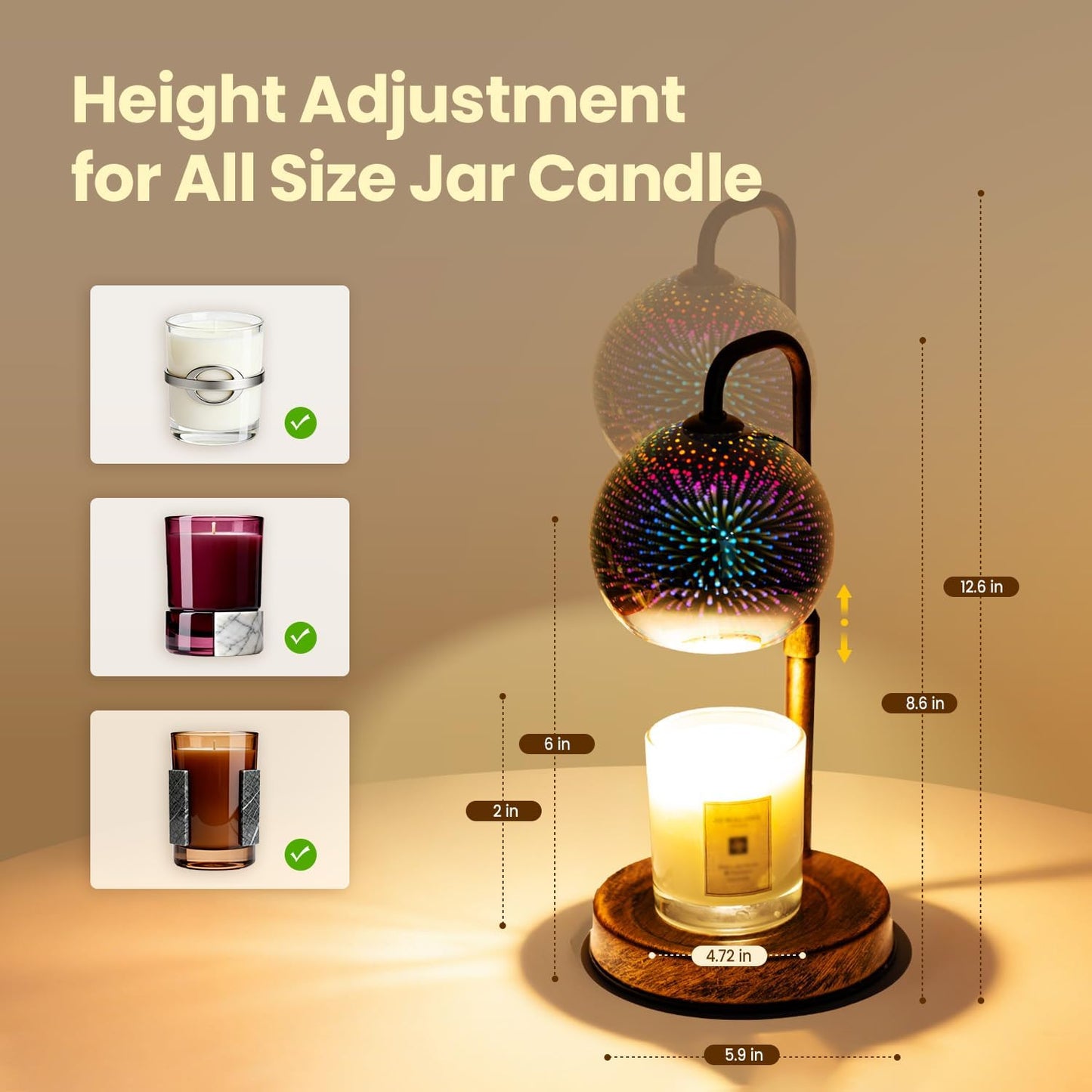 Glocusent Candle Warmer Lamp with Timer, Dimmable, Adjustable Retro 2 Bulbs | 3D Glass Globe with Firework Patterns, retro Candle Warmer Lamp for Jar Candles, Gifts for Women/Mom/Her, New Home Decor