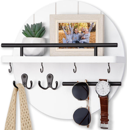 Nekon Key Holder Wall Mount, 11.8 Inch Rack With Shelf and 6 Hooks, Rustic Mail Organizer, Circular Wooden Hanger for Entryway Hallway Kitchen (Brown&Gold)