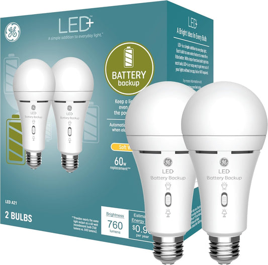 GE LED+ Backup Battery LED Light Bulbs, A21 Rechargeable Light Bulbs for Power Outages and Emergencies, Flashlight, 3 Color Temperatures (2 Pack)