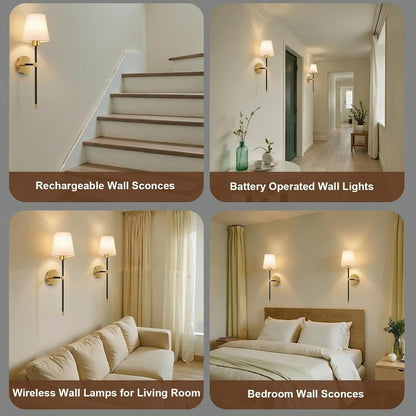 IRONPAX Wall Sconces Battery Operated Set of 2, Wireless Rechargeable Wall Sconce Set of Two, Dimmable Wall Lights with Remote for Bedroom Living Room Hallway Decor (Gold, Fabric Shade)