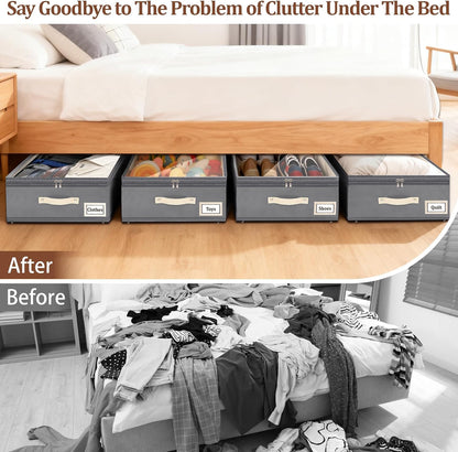 Dolicer 2 Pack Under Bed Storage with Wheels, 6in-10in Height Adjustable Underbed Storage Containers, 92L XXXL Under Bed Drawers Rolling Bin with Clear Lids for Dorm Shoes Clothes Organizers(Grey)